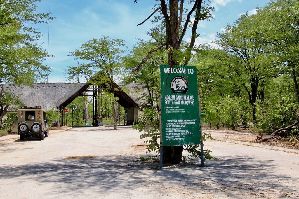 The entrance and welcome sign at Moremi Game Reserve's South Gate (Maqwee), Botswana