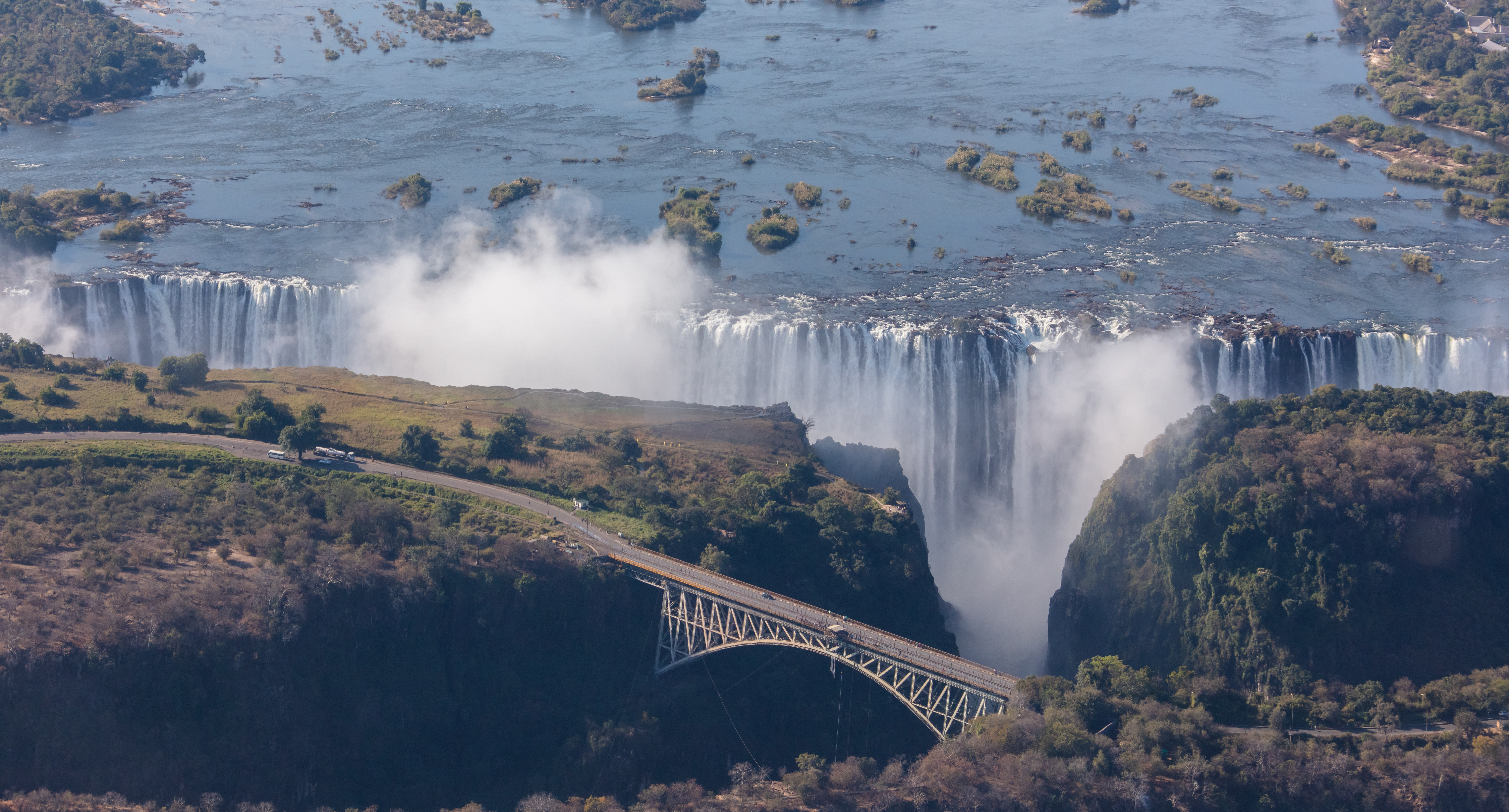 Aerial view of Victoria Falls on the Zambezi, straddling the Zambia–Zimbabwe border