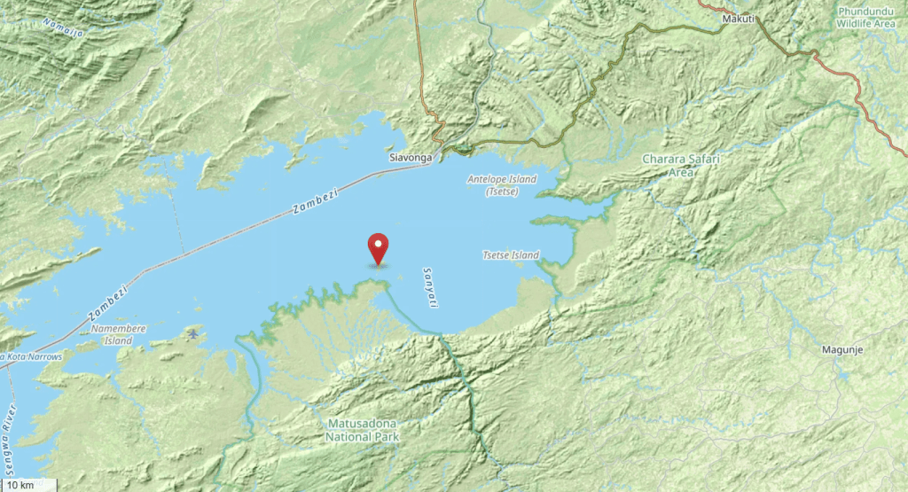 Map showing the location of Fothergill Island on Lake Kariba, Matusadona National Park, Zimbabwe